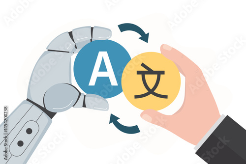 Chat bot translator. Online translates messages into another language. Robot manipulator and human hand connect speech bubbles.