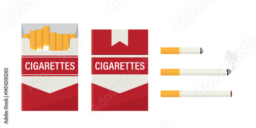 Opened and closed cigarette pack. Bad addiction, tobacco and nicotine product. Cigarette, butt. Smoking kills, unhealthy lifestyle. Red and white pack, mockup. No smoking.