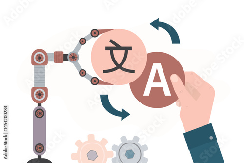 Chat bot translator. Online translates messages into another language. Robot manipulator and human hand connect speech bubbles.