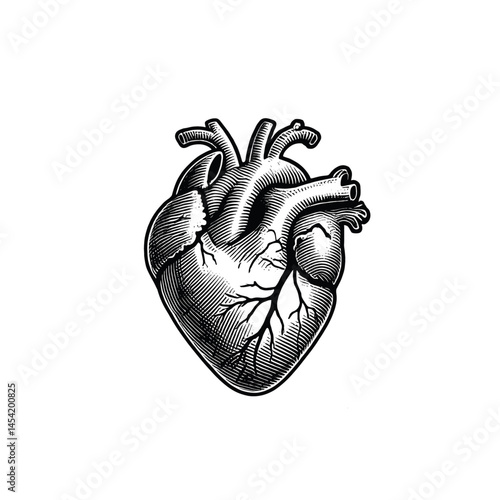 Vintage Human Heart Illustration - Black and White Line Art, drawn in an engraved, woodcut style with fine details sketch engraving vector illustration. Scratch board imitation. Black and white image