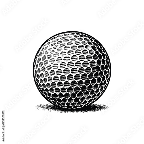 Vintage Golf Ball Illustration - Black and White Line Art, drawn in an engraved, woodcut style with fine details sketch engraving vector illustration. Scratch board imitation. Black and white image. 