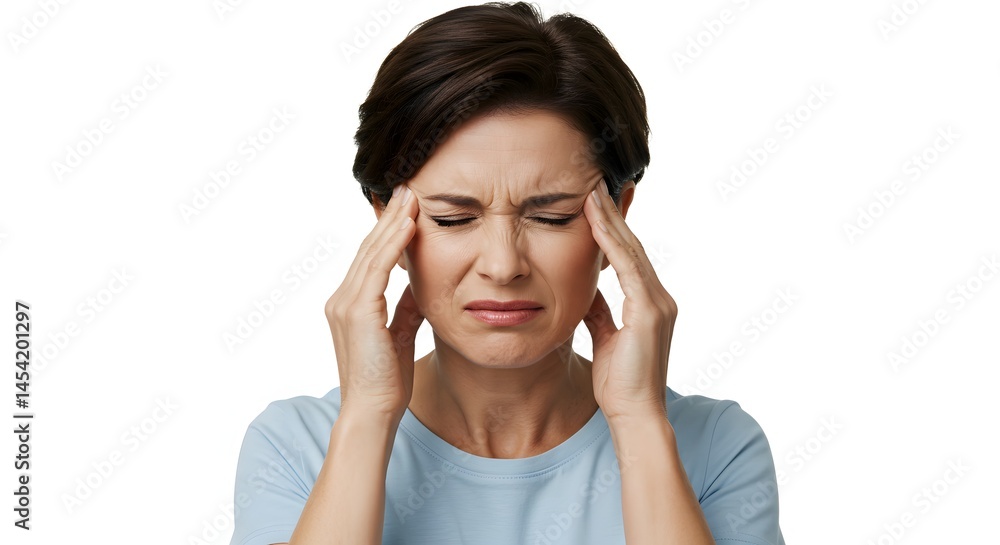 Woman with short brown hair holding her temples and frowning against a white background in studio shot Woman with short brown hair holding her temples and frowning against a white background in studio shot