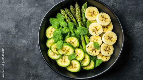 A black bowl with sliced zucchini, banana, asparagus, and fresh mint leaves arranged on a dark textured background.
