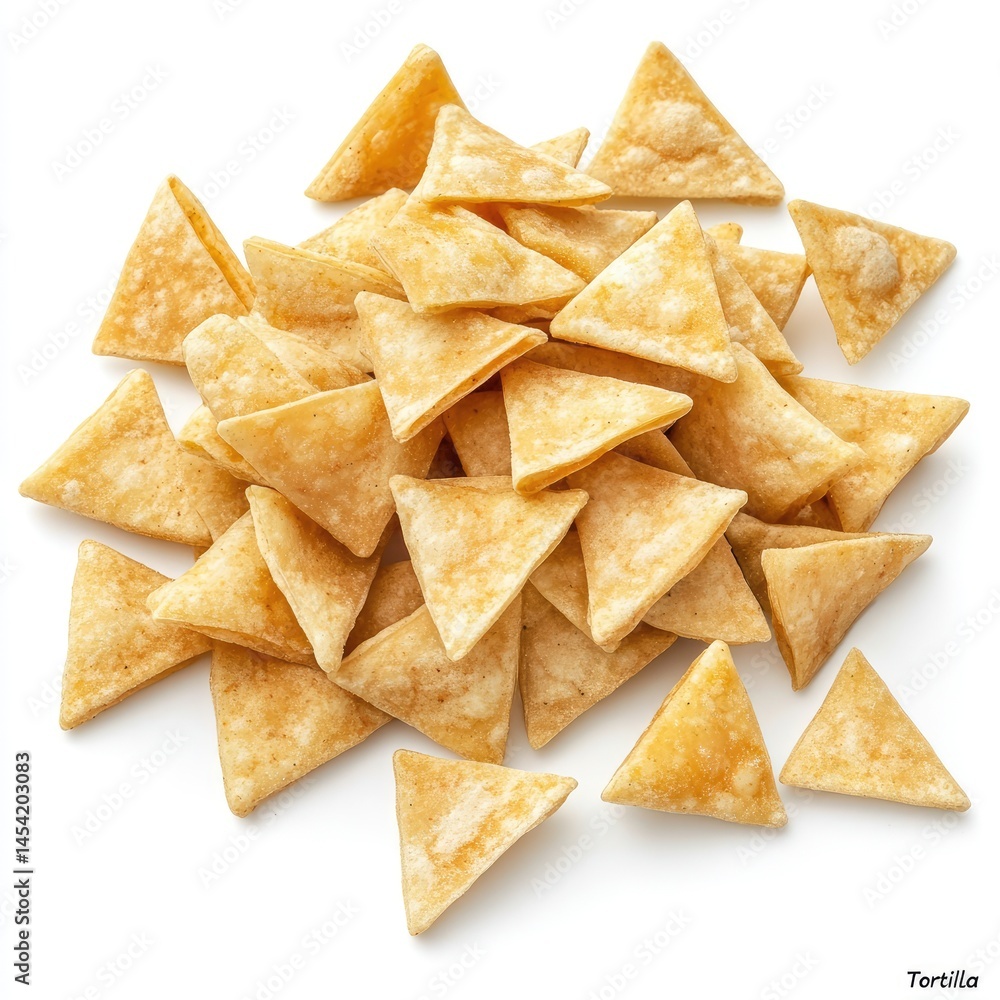 Pile of small, triangular tortilla chips. Golden-brown, crispy, and lightly seasoned, they are nestled together in a chaotic but visually appealing heap on a white background Pile of small, triangular tortilla chips. Golden-brown, crispy, and lightly seasoned, they are nestled together in a chaotic but visually appealing heap on a white background