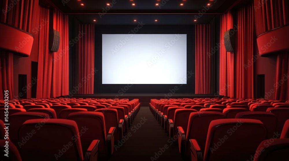 Fototapeta premium Cinema auditorium with red seats and large screen