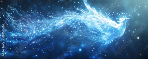 An ethereal, glowing, blue celestial bird soars through a cosmic expanse, radiating mystical energy, creating a majestic spectacle