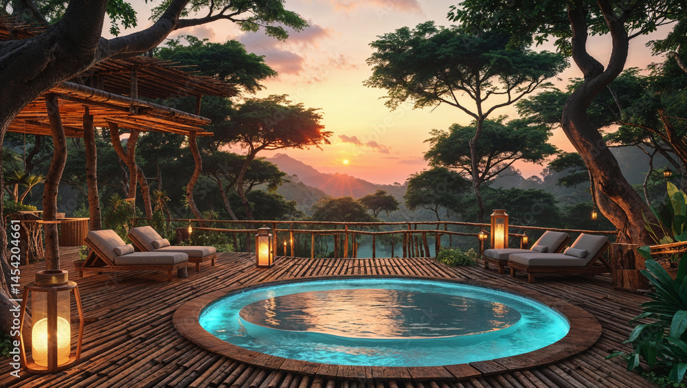 Naklejka premium Luxurious outdoor tropical spa with pool deck loungers and stunning sunset view
