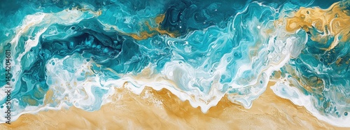 Aerial view of ocean waves crashing on golden sand with abstract colorful pattern, fluid art style 