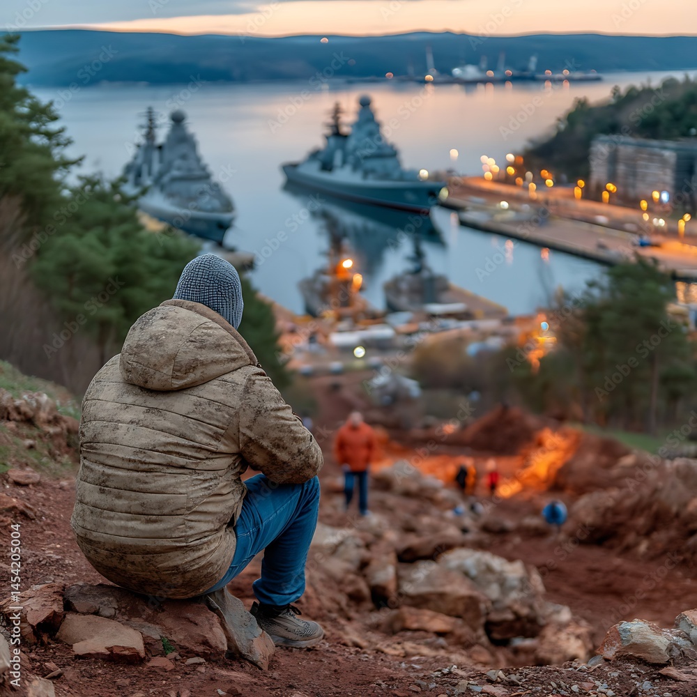 Man watching ships at sunset harbor. Man watching ships at sunset harbor.