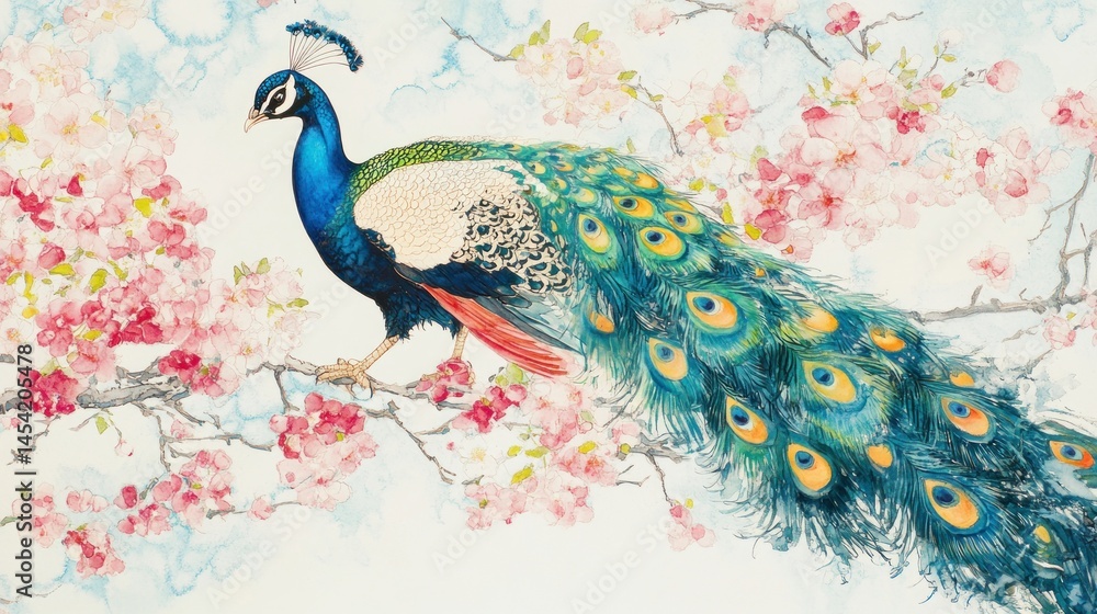 Fototapeta premium A delicate illustration of a peacock amidst blossoming flowers.