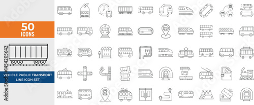 Public Transport Line Icon Set – Vector Pictograms of Metro, Tram, Monorail, Ferry, Bicycle, Wheelchair Access, Electric Bus – Thin Linear Style