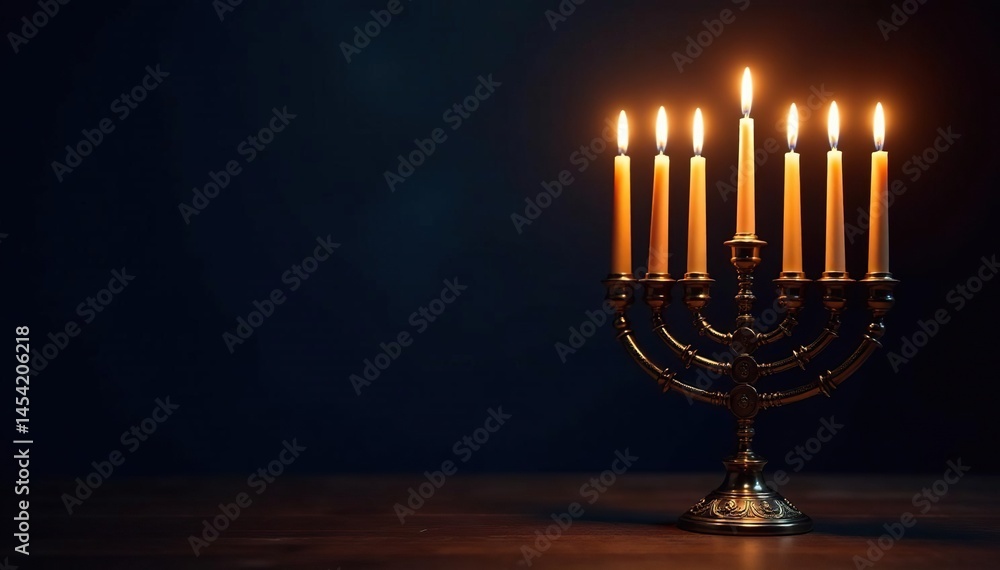 Fototapeta premium Menorah with lit candles against dark background, Religious, Miracle