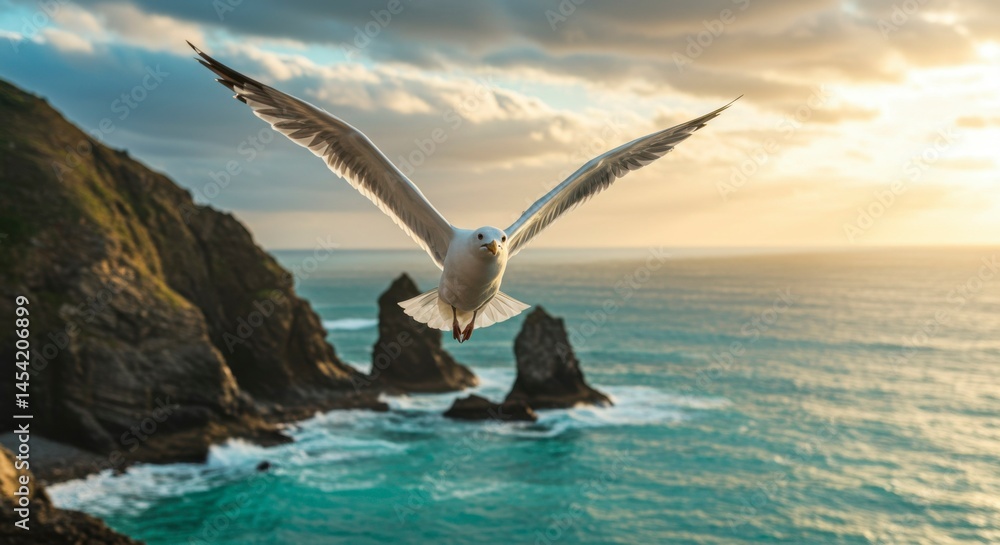 Naklejka premium Seagull soaring over dramatic coastline