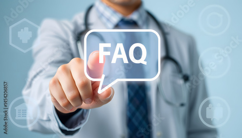 Medical Support FAQ Center. Doctor touched icon speech bubble cross on virtual screen. 24 hours medicine concept. Health care help communication. Hospital call question answer center service isolate