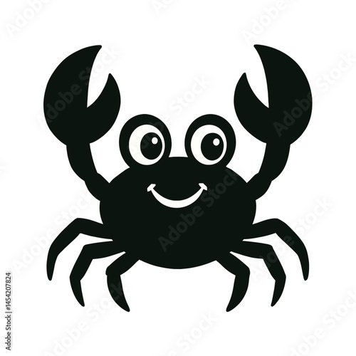 Cartoon crab silhouette with smiling face and claws raised on transparent background
