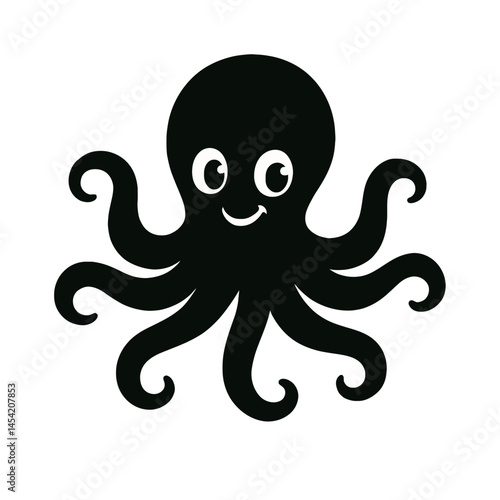 Vector cartoon octopus silhouette with smiling face on transparent background