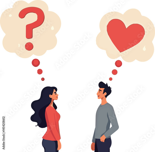 Create a Heterosexuals' couple thinking about love life, sexuality or relationship problem on isolated background. Modern flat cartoon characters illustration of man and woman with question mark. vect