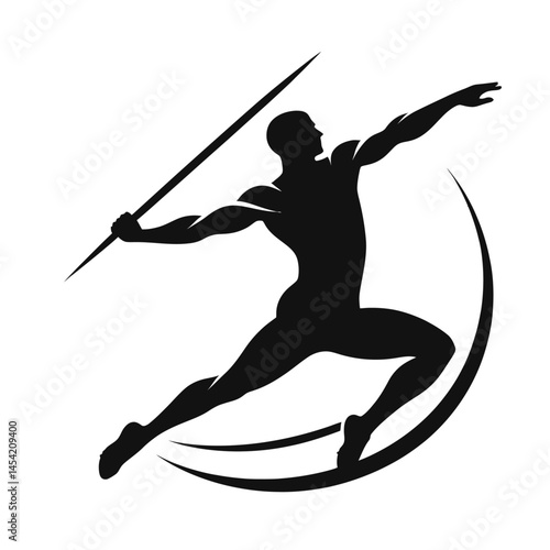 Black silhouette of an athlete throwing javelin on a white background logotype