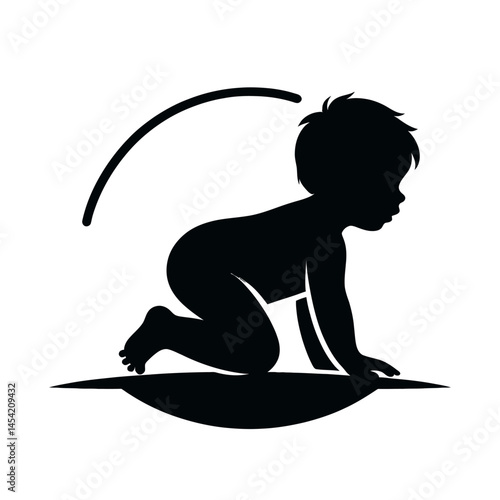 Black silhouette of a baby crawling on a white background logotype