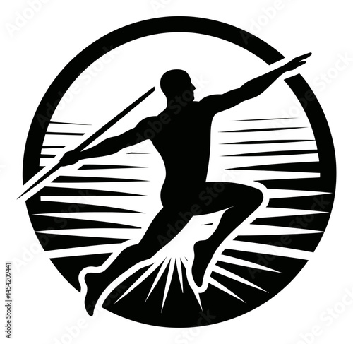 Black silhouette of an athlete throwing javelin on a white background logotype