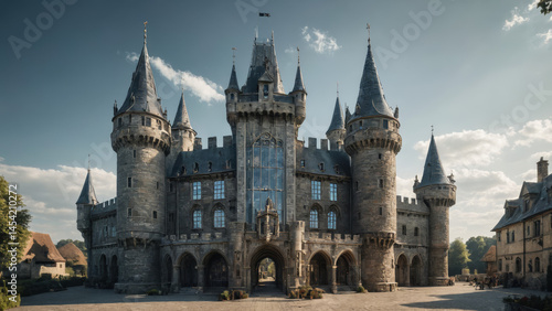 Medieval Castle with Futuristic Glass Towers Surreal Landscape Ancient Stone Fortress Blended with Modern Transparent Skyscrapers Fantasy Hybrid Architecture Unique Structure Combining Historic Castle