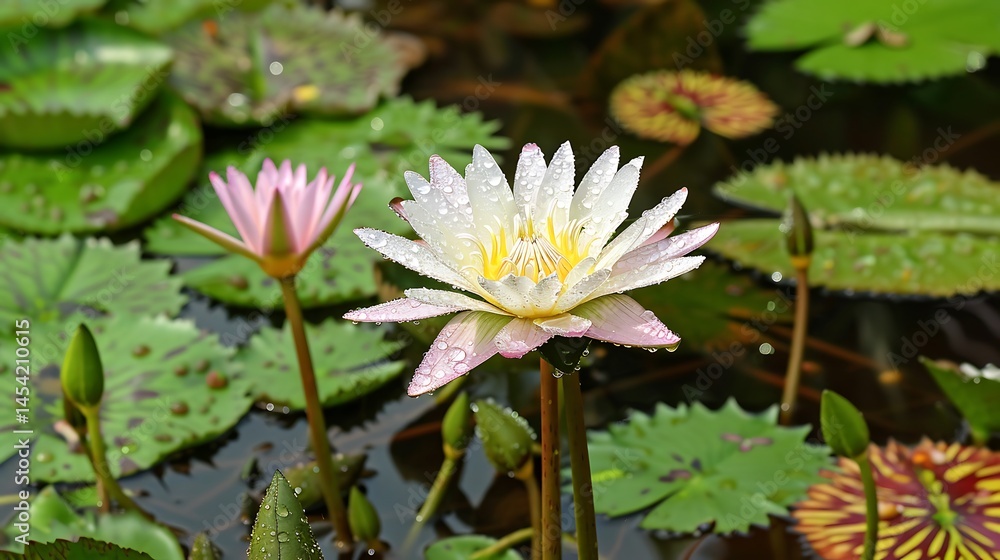 Water Lilies in Bloom: A Serene Pond Scene with delicate petals and green leaves Water Lilies in Bloom: A Serene Pond Scene with delicate petals and green leaves