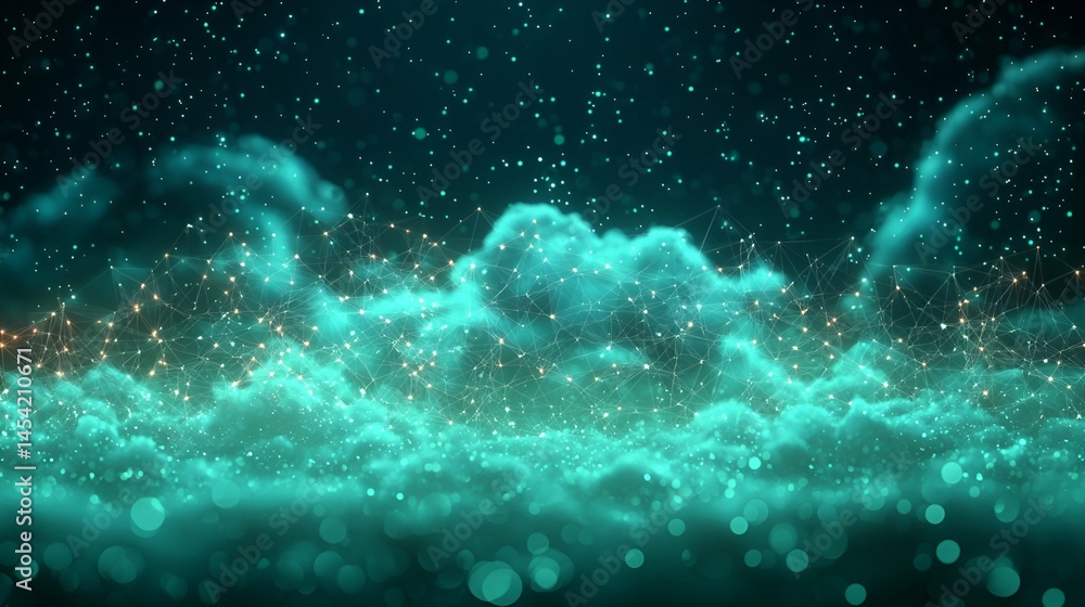 Teal cloudscape with glowing particles and network connections. Teal cloudscape with glowing particles and network connections.