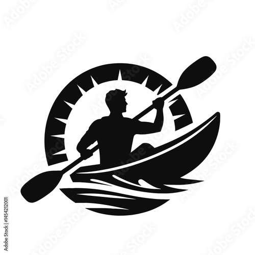 Black silhouette of a man kayaking on a white background logotype