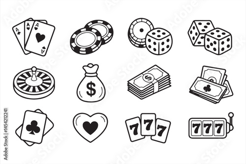 Casino Themed Icons for Gambling with Cards, Money, and Dice