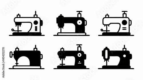 Vintage Sewing Machines Collection in Silhouette Style Vector Illustration