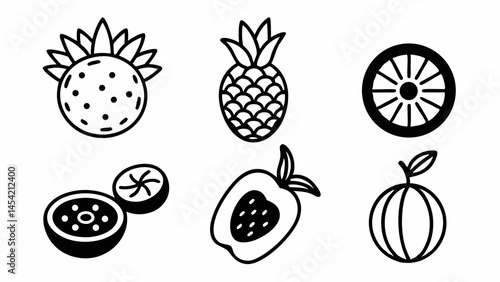 Set of Fresh Strawberry Pineapple and Citrus Vector Fruit Icons for Food Packaging and Organic Brand Design

