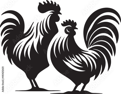 Rooster and Hen Silhouette – Farm Bird Vector Clipart Design