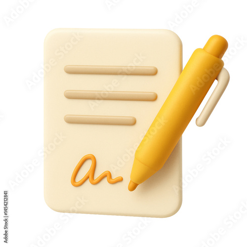 3D render of a document with signature and yellow pen. Suitable for agreement, contract, writing, signing, legal, or document-related themes