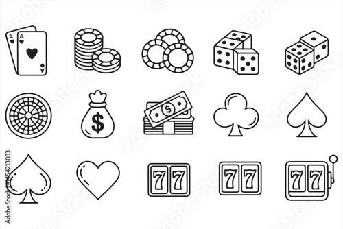 Set of Black Outline Icons for Gambling with Cards, Dice, and Jackpot