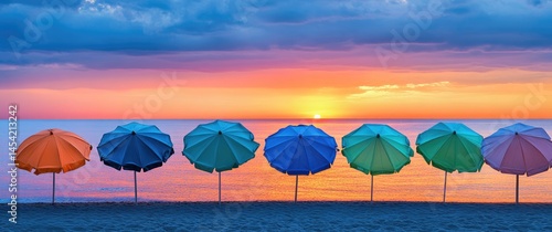 Silhouettes of beach umbrellas at sunset over sea horizon with tranquil coastal ambiance