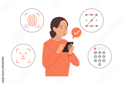 The girl is holding a cell phone. Cybersecurity icons. Symbols of different ways to protect phones and computers. Vector illustration in flat style. Business and communication