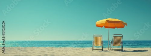 Two beach chairs and an umbrella on sandy beach by the sea under sunny sky for summer vacation concept banner with text space
