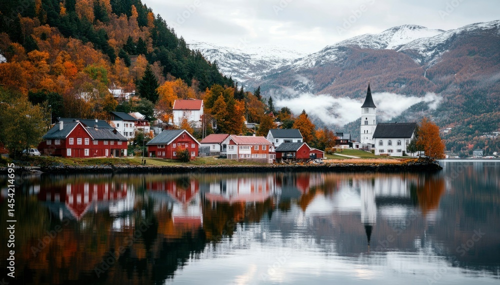 Fototapeta premium Autumnal village by a fjord