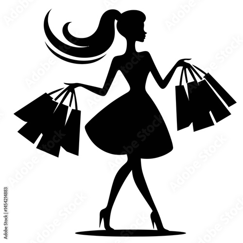 Black silhouette of a woman shopping with bags logotype