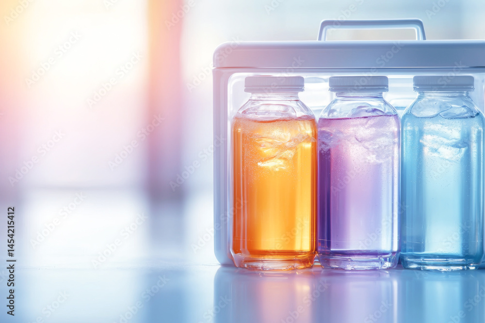 Three colorful glass bottles with liquids reflecting light and creating a serene ambiance. Three colorful glass bottles with liquids reflecting light and creating a serene ambiance.
