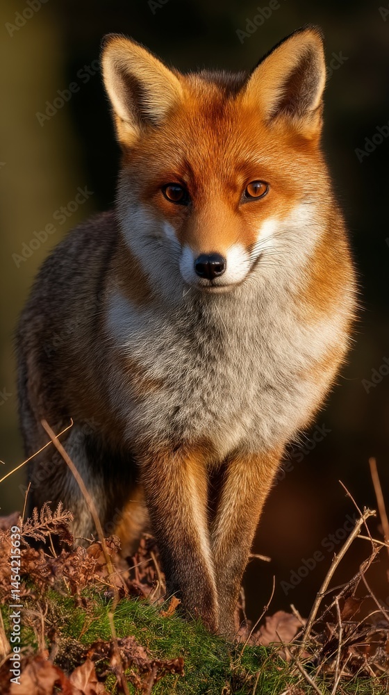 Fototapeta premium Fox walking through autumn foliage in the forest