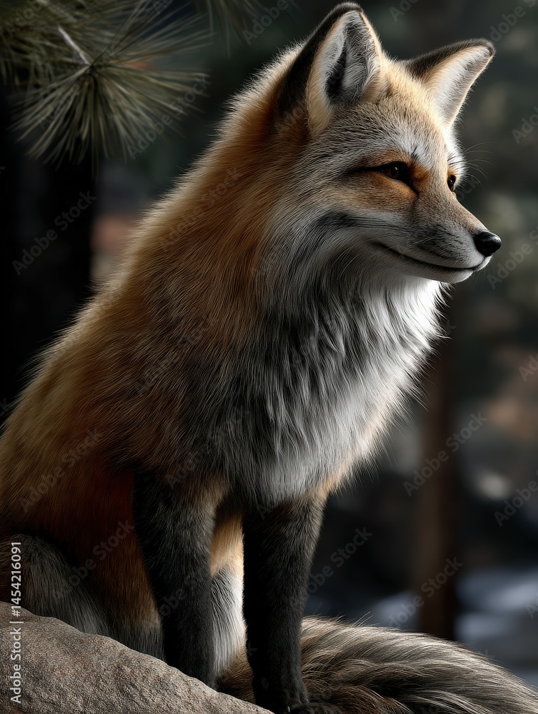 Obraz premium Fox resting on a rock in a serene forest setting