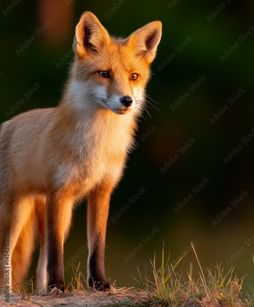 Fototapeta premium Red fox stands alert in golden sunlight during dusk
