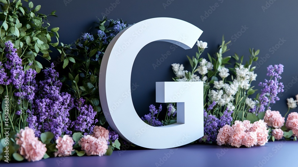 Fototapeta premium Floral G with purple and pink flowers, green leaves, on purple background