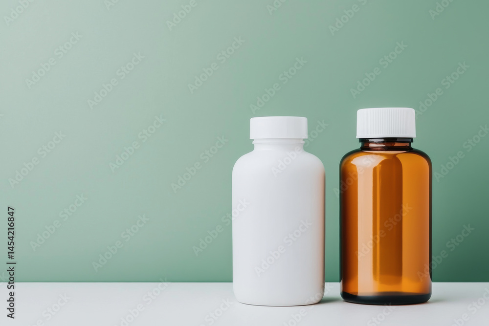 Two different bottles on a surface with a green background. Two different bottles on a surface with a green background.