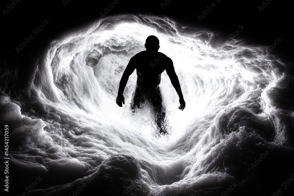 Obraz premium Silhouette figure stands amidst swirling ethereal clouds, radiating light and shadows