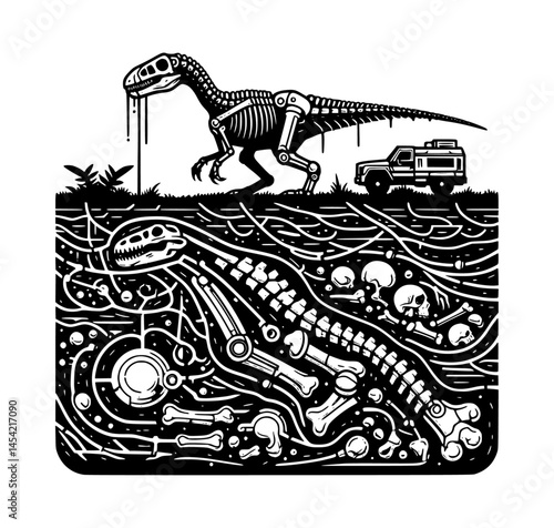 Layer of Earth with Fossil Bones Archaeological Excavations Dinosaur Fossils Robotic Icon Logo Black Color Vector White Background