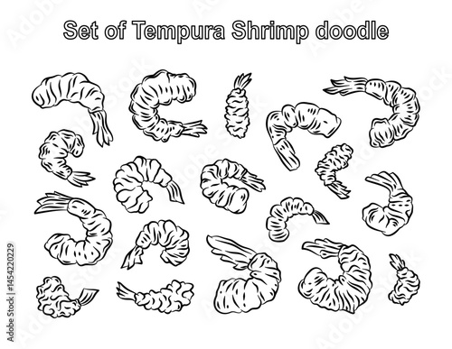 Tempura shrimp illustration collections. Japanese Food, Tempura doodle. fried shrimp.