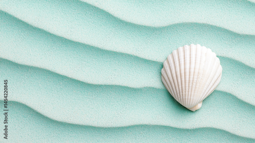 White seashell on soft, wavy sand in soothing ocean colors for a tranquil coastal vibe. White seashell on soft, wavy sand in soothing ocean colors for a tranquil coastal vibe.