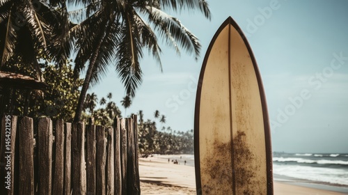 Weathered vintage surfboard propped against aged wooden fence, resting on golden sandy sun-drenched beach with palm trees swaying, capturing laid-back surf culture and tropical summer essence